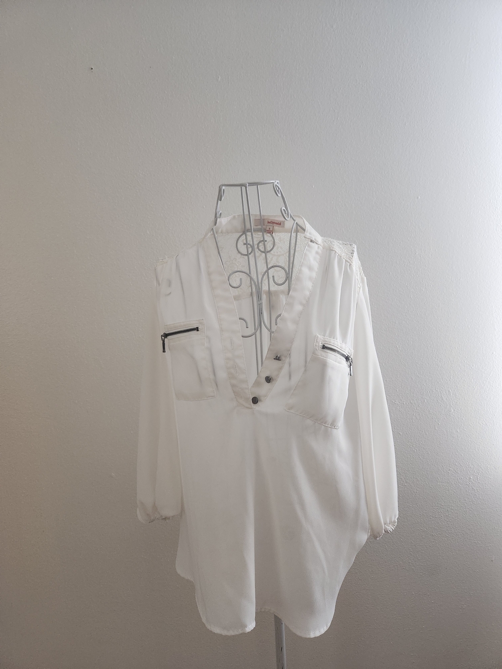 Hollywould White Sheer V-Neck Blouse with Zip Pockets & Lace Back Size S